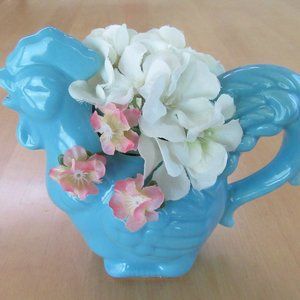 Turquoise blue ceramic rooster creamer pitcher by Home Essentials - cottagecore